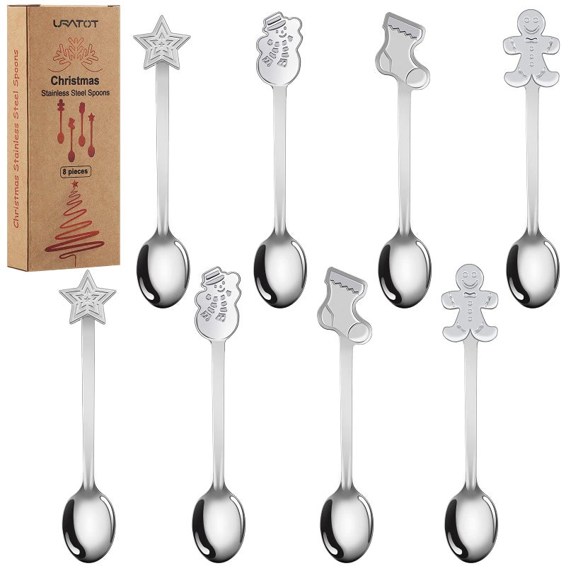 URATOT 8 Pieces Stainless Steel Christmas Spoons Coffee Tea Dessert Mixing Spoons Christmas Stocking Fillers - Image 1